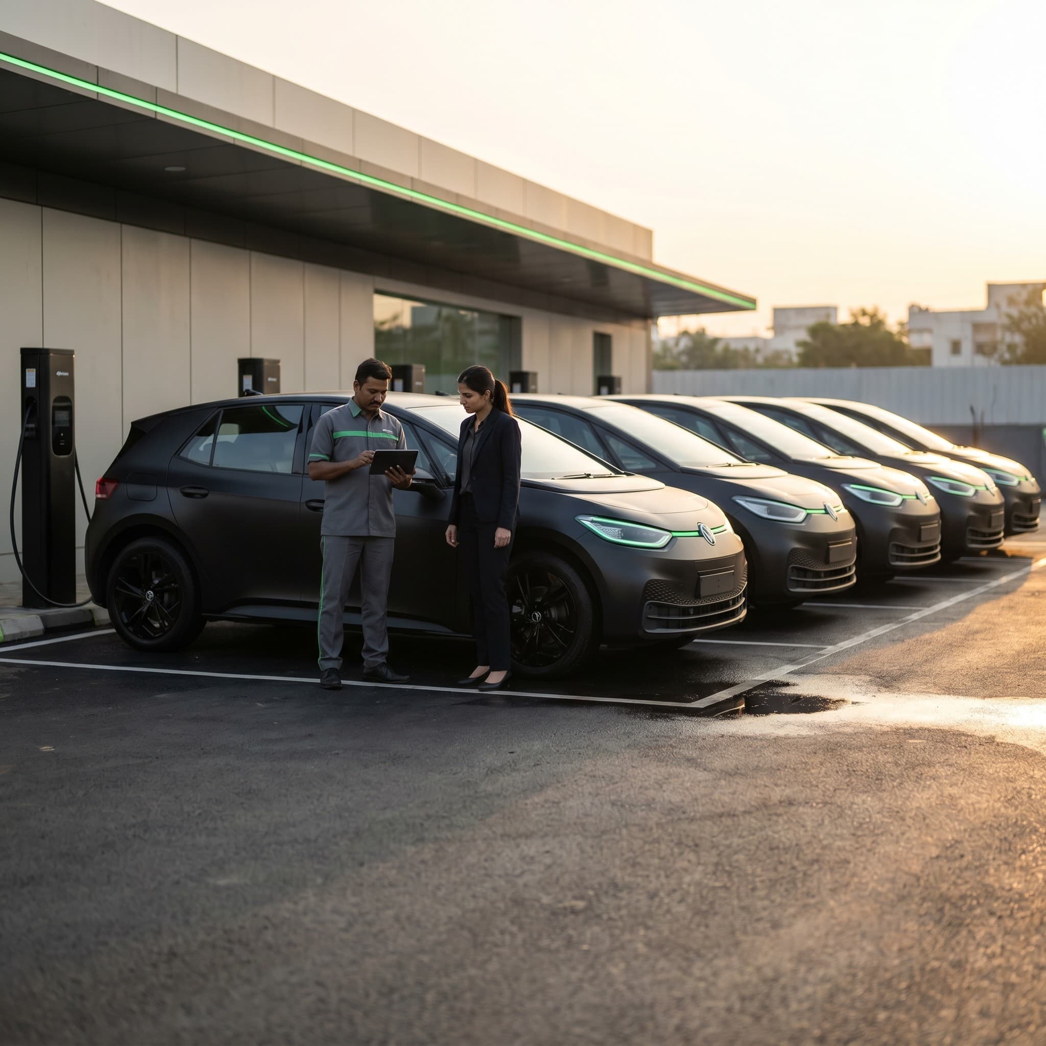 A fleet manager and an operator with a tablet beside a row of charging electric hatchbacks