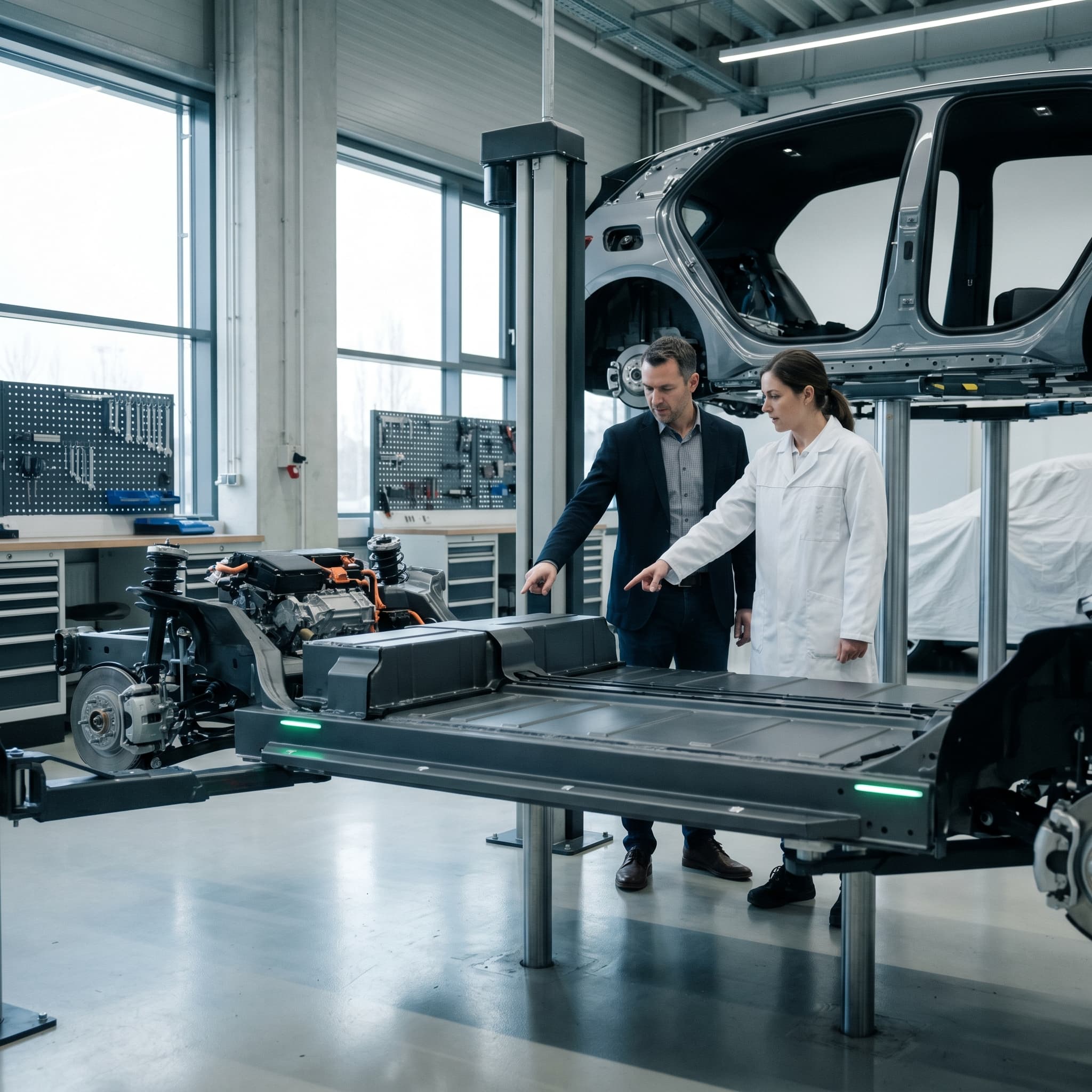 An engineer and a technician inspecting a skateboard EV platform on a lift in a development workshop