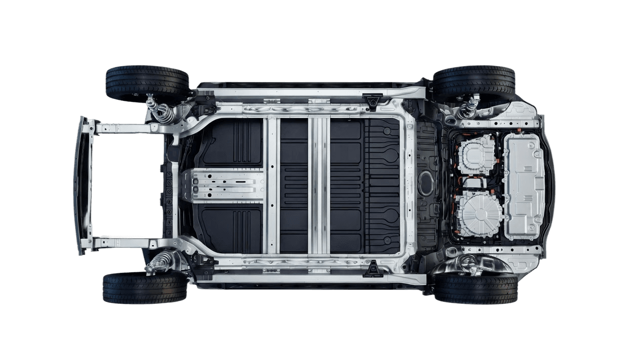 Underside view of the eMinus rolling chassis with its battery pack, motor and suspension