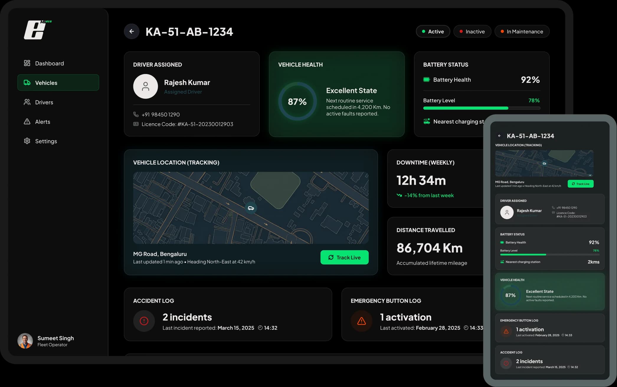 The eMinus fleet operator dashboard beside the same fleet OS running on a phone, showing a vehicle's assigned driver, health gauge, battery status, live location and past service logs